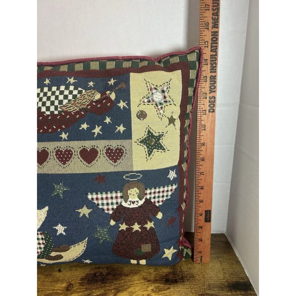 Vintage Christmas Tapestry Pillow Angels Moon Stars Folk Art Cottagecore Decor
